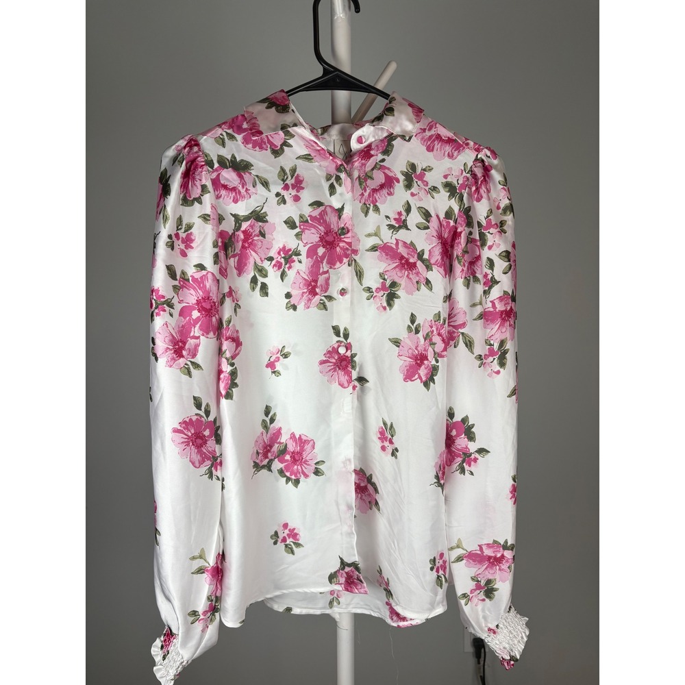 Joie Womens Pink Floral Satin Button Down Blouse Smocked Cuff CHT90082 XS White